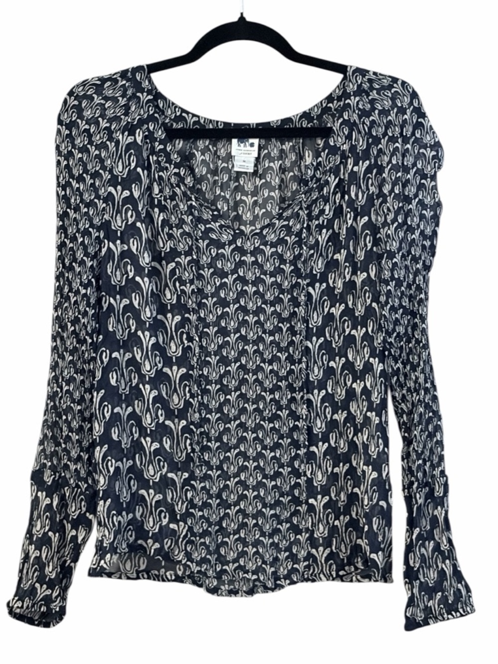 John Robshaw for Lucky Brand Boho Print Blouse Navy Cream Long Sleeve Size M